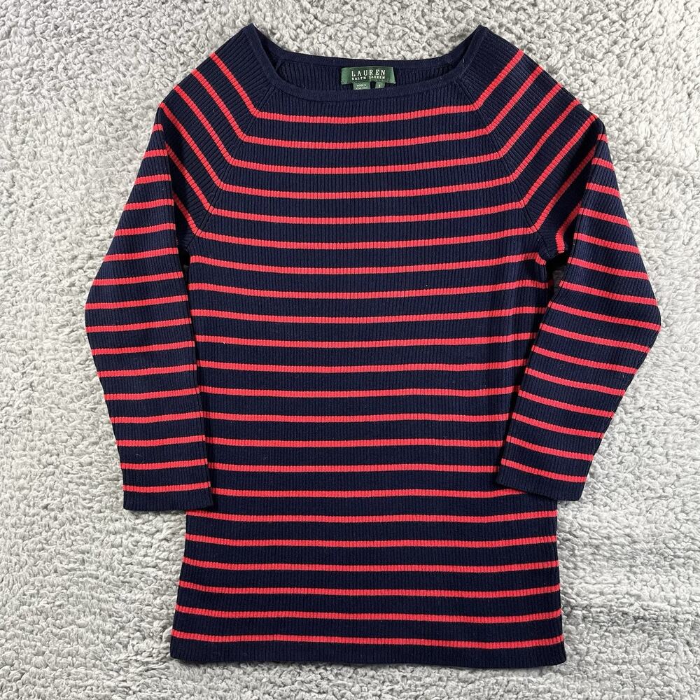 Lauren Ralph Lauren Women’s S Navy Red Striped Rib Knit Sweater Nautical Preppy